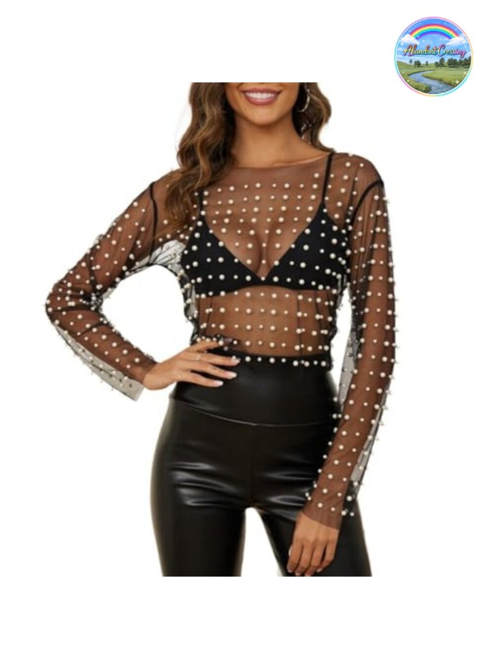 Sheer Mesh Pearl Rhinestone Crop Top Long Sleeve Y2K Clubwear Coverup